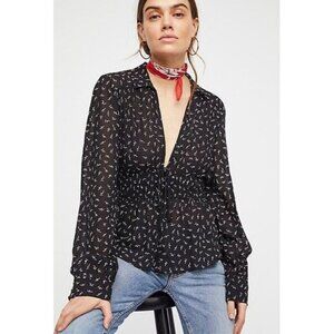 Free People Top Colette Black White Floral Long Sleeve Blouse Womens Size Small